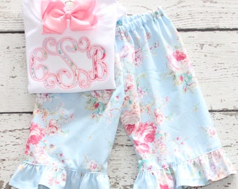 Monogrammed Floral Outfit, Vintage Blue Rose Outfit Monogrammed, Fancy Monogrammed Ruffle Pants Set