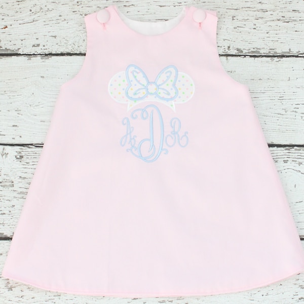 Monogrammed Minnie Mouse Dress, Polka Dot Disney Aline Dress, Monogrammed Disney Pastel Dress, Light Pink and Blue Disney Dress