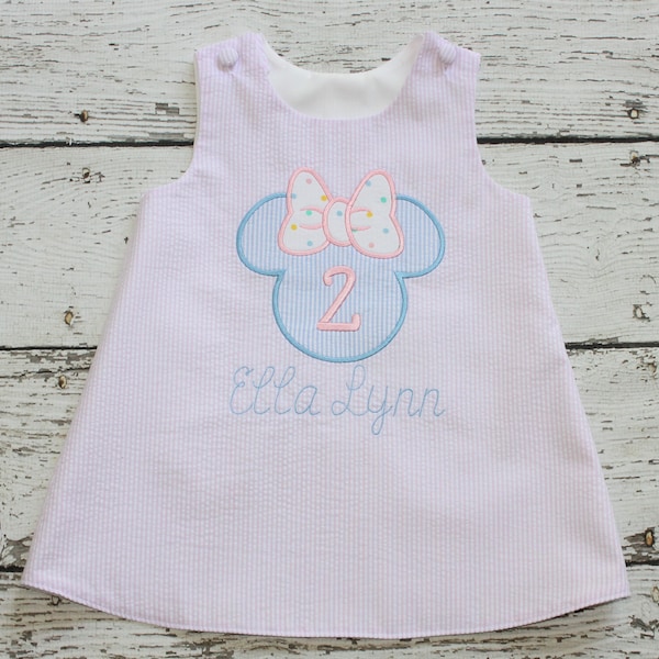 Monogrammed Minnie Mouse Dress, Pink Seersucker Disney Aline Dress, Monogrammed Disney Pastel Dress, Light Pink and Blue Disney Dress