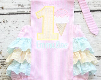 First Birthday Ruffle Bubble, Ice Cream Cone Monogrammed Romper, Pink and Mint Seersucker Outfit