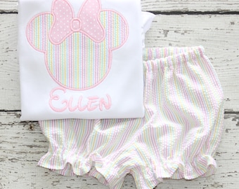 Monogrammed Minnie Bloomer Set, Pastel Seersucker Minnie Shirt, Monogrammed Disney Outfit, Minnie Seersucker Shirt