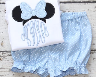 Monogrammed Minnie Bloomer Set, Polka Dot Minnie Outfit, Monogrammed Disney Outfit, Blue Minnie Outfit, Mouse Ears Outfit