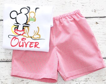 Monogrammed Mickey and Pluto Shorts Set, Red Gingham Mickey Outfit, Disney Monogrammed Mickey Shirt