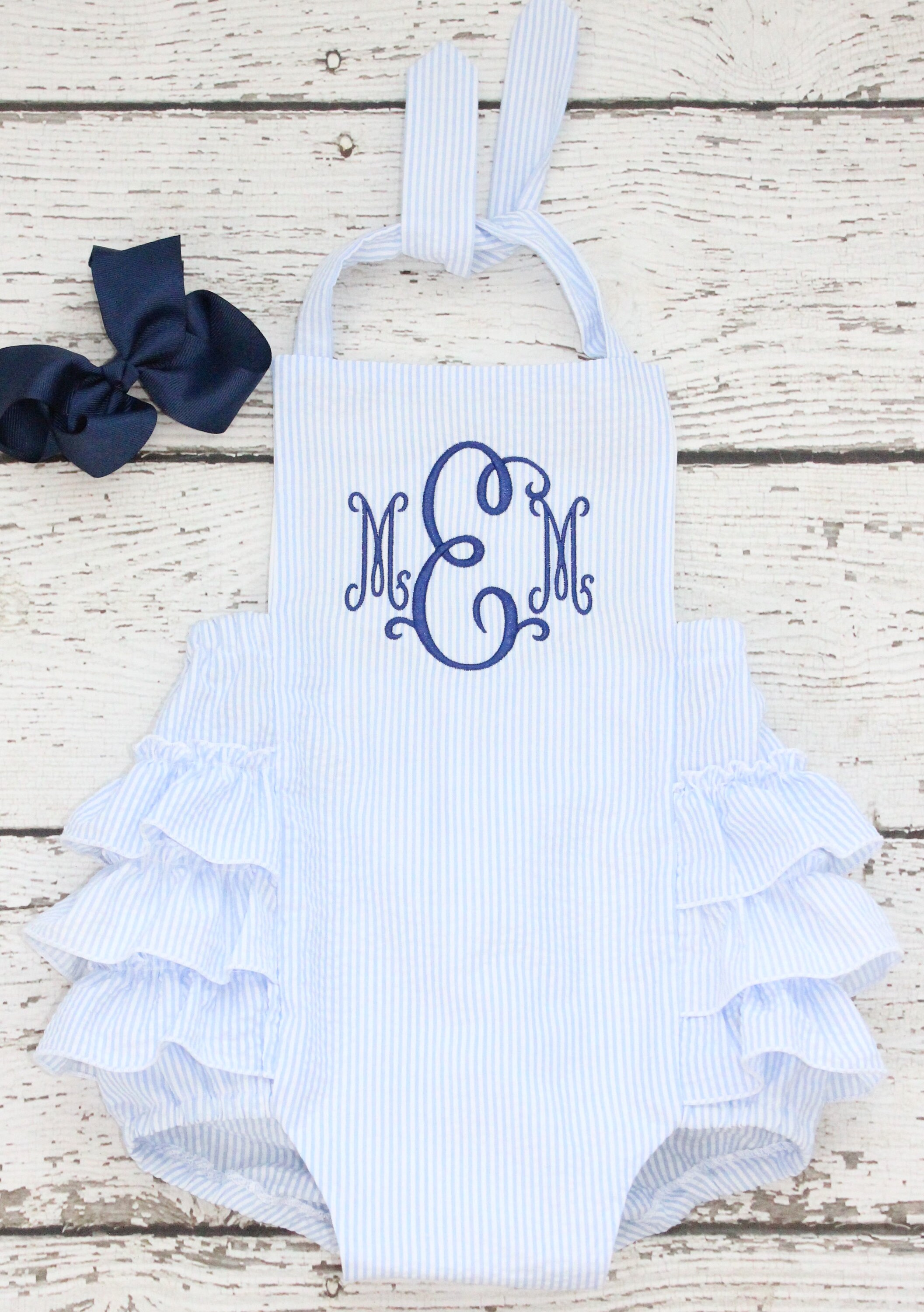 Blue Seersucker Bubble with Navy Monogram Seersucker Ruffle | Etsy