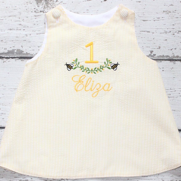 Bee First Birthday Dress, Monogrammed Seersucker Dress, Yellow Floral Birthday Dress, Monogrammed Floral Bee Dress