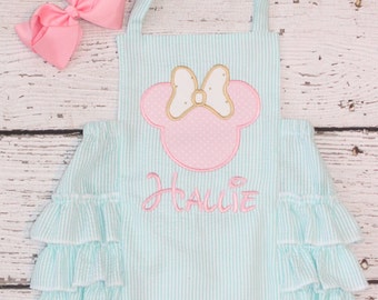 Monogrammed Minnie Ruffle Bubble, Disney Seersucker Sunsuit, Mint, Pink and Gold Ruffle Bubble