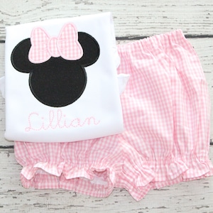 Monogrammed Minnie Bloomer Set, Pink Gingham Minnie Outfit, Monogrammed Disney Outfit, Pink and Black Minnie Outfit