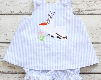 Monogrammed Olaf Bloomer Set, Monogrammed Disney Pinafore, Monogrammed Elsa Outfit, Blue Disney Pinafore