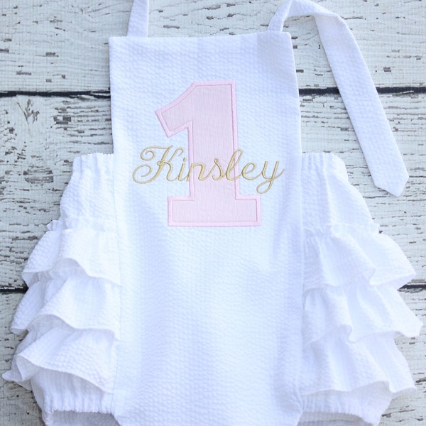 Pink and Gold Sunsuit Monogrammed, First Birthday Ruffle Bubble, White Ruffle Bottom Bubble