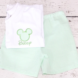 Monogrammed Mickey Shorts Set, Green Seersucker Mickey Outfit, Disney Monogrammed Mickey Polo, Mickey Polo