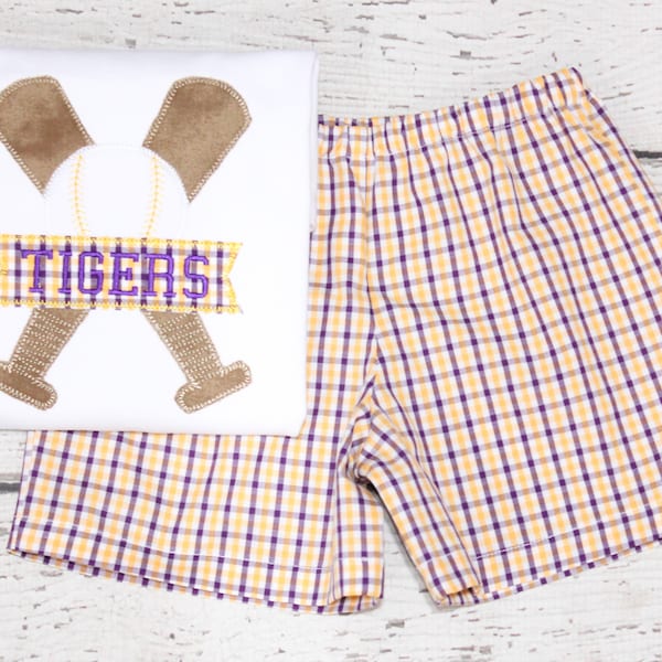 Monogrammed Baseball Shorts Set, Purple and Gold Baseball Outfit, Tigers Monogrammed Shorts Set