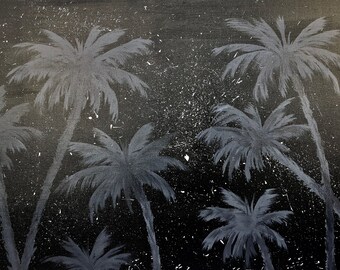 Black and Grey Palm Tree Painting | Palm Tree Painting | Night Sky Art | Beach Vibes Painting | Monochromatic Painting | Large Art | 36x24