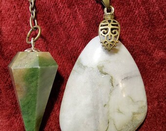 2031..Prehnite Pendulum w/ Tree Agate Pendant Brass Chain Strong Divination/Meditation Powers Connect w/ Nature/Elementals Growth Renewal.