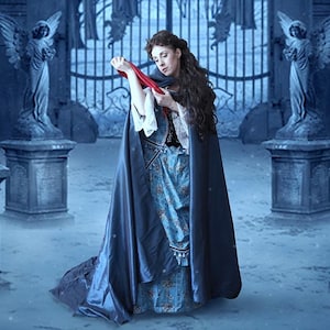 Peut inclure: Une femme en robe bleue et noire se tient dans un cadre gothique, tenant un tissu rouge. Des statues d'anges en pierre flanquent le chemin menant à une grille en fer forgé. La scène se déroule dans un environnement sombre aux tons bleus, évoquant le mystère et la fantaisie.