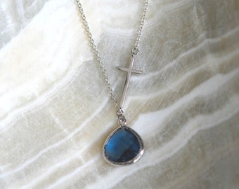 Vintage blue cross necklace on lace chain