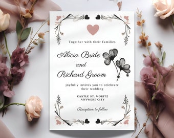 Hochzeitseinladungsvorlage 5x7, Hochzeitseinladung, Download, bearbeitbar und anpassbar mit Canva. Romantische und niedliche Hochzeitskarte vorne/hinten