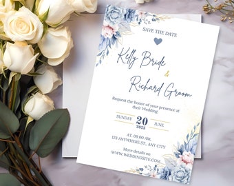 Wedding Invitation Template, Wedding invite, Download, Editable and customizable with Canva. Romantic and elegant wedding card front/back