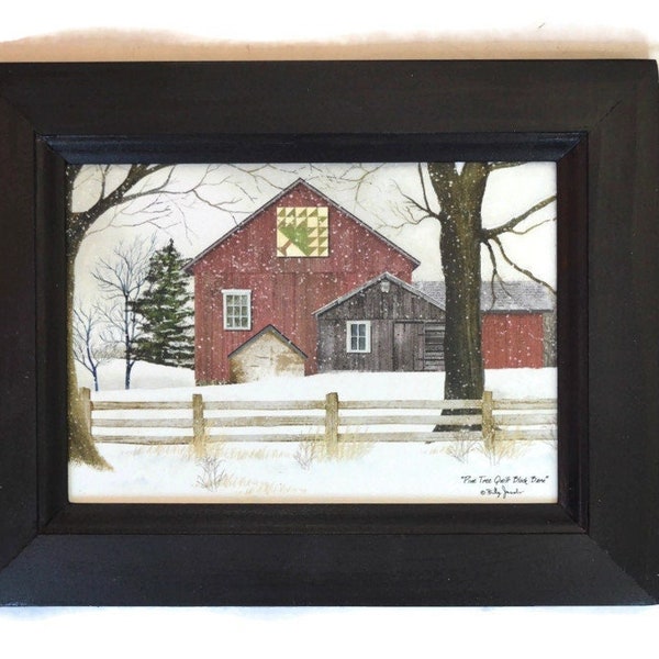 Pine Tree Quilt Block Barn by Billy Jacobs in a Handmade Wooden Frame, 9"x7"