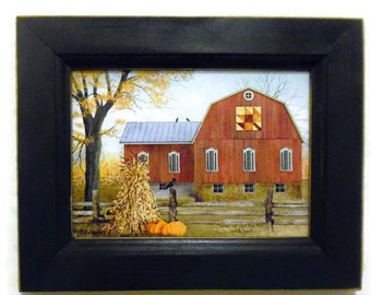 Autumn Leaf Quilt Block Barn by Billy Jacobs in a Handmade Wooden Frame, 9"X7"