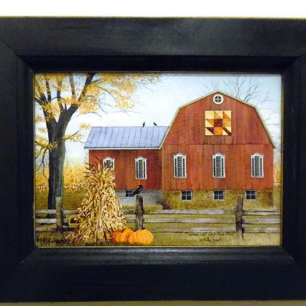 Autumn Leaf Quilt Block Barn by Billy Jacobs in a Handmade Wooden Frame, 9"X7"