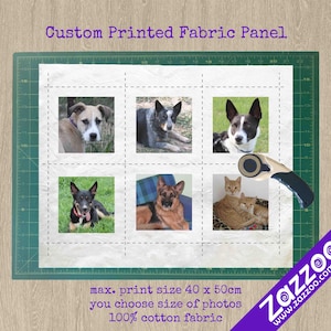 May include: Custom printed fabric panel with six pet photos. The fabric is white with a grid pattern, and the photos include dogs and cats. The text on the fabric reads "Custom Printed Fabric Panel" and "max. print size 40 x 50cm".