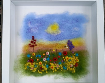 Needle Felted Meadow Wall Art, Home Decor, Summer time, Wool Painting Countryside, Mothers day gift, Gift for gardener, Golden Valley Crafts