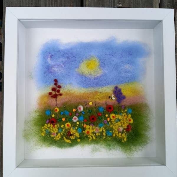 Needle Felted Meadow Wall Art, Home Decor, Summer time, Wool Painting Countryside, Mothers day gift, Gift for gardener, Golden Valley Crafts