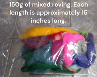 Clearance packs of mixed colours of wool roving. Ideal for making fairies, wool painting and felting, Approx 150g. Golden Valley Crafts