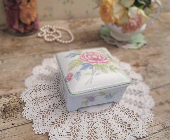 Vintage Floral China Trinket Box: 1980s Glazed Jewellery Box