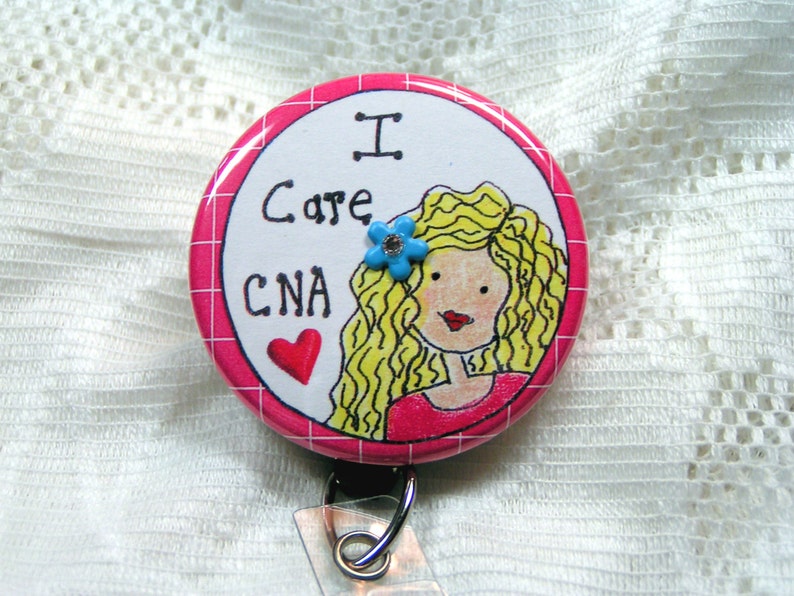 CNA badge holder in pink-gift for blonde CNA-retractable id badge reel for woman CNA-pink name badge holder for nurses aide