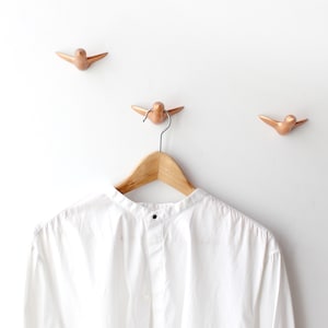 Può includere: Una camicia bianca con colletto appesa a un appendiabiti di legno con tre ganci a forma di uccello in rame su una parete bianca.