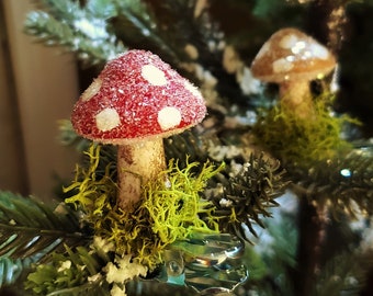 3 Miniature Spun Cotton Mushroom Ornaments Vintage Style Handmade Red Blue Green Gold Clip On Mushrooms Vintage Inspired Christmas Decor