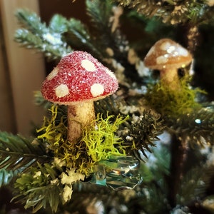 3 Miniature Spun Cotton Mushroom Ornaments Vintage Style Handmade Red Blue Green Gold Clip On Mushrooms Vintage Inspired Christmas Decor