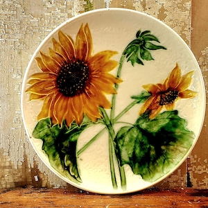 Antique 1900s Majolica Plate with Colorful Embossed Yellow Sunflowers | Vintage Decorative Plate