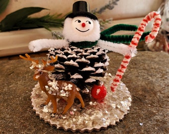 Handmade Pinecone Elf Snowman, Winter Gnome