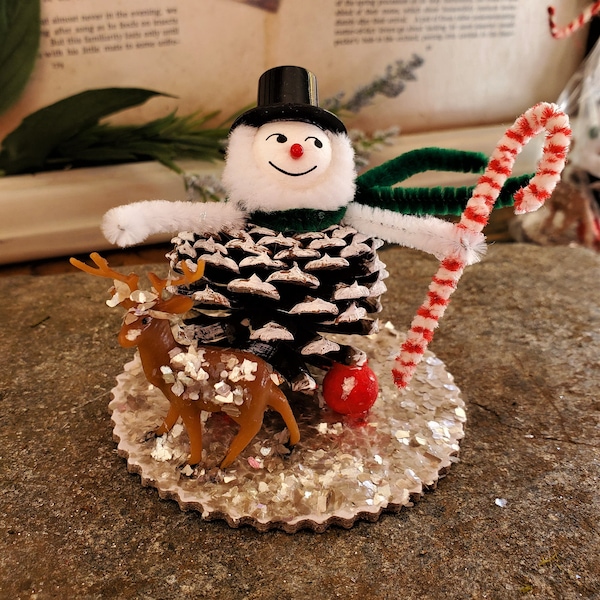 Handmade Pinecone Elf Snowman, Winter Gnome
