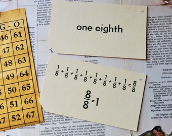 Tarjetas didácticas de fracciones antiguas, materiales para manualidades, tarjetas con técnicas mixtas, práctica de matemáticas