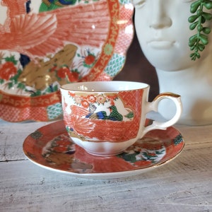 Vintage Imari Peacock Cup and Saucer – Hand Painted Japanese Porcelain – Floral & Bird Design-Collectible Oriental Tableware