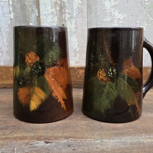 Antique Weller Louwelsa Tankards Pair, Handpainted Blackberry Motif, Arts Crafts Pottery