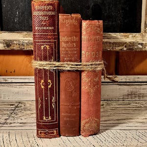 May include: A stack of antique books tied with twine. The books are in shades of red and brown, with gold lettering and decorative designs. Titles include "Cooper's Leather-Stocking Tales" and "Under the Deodars."