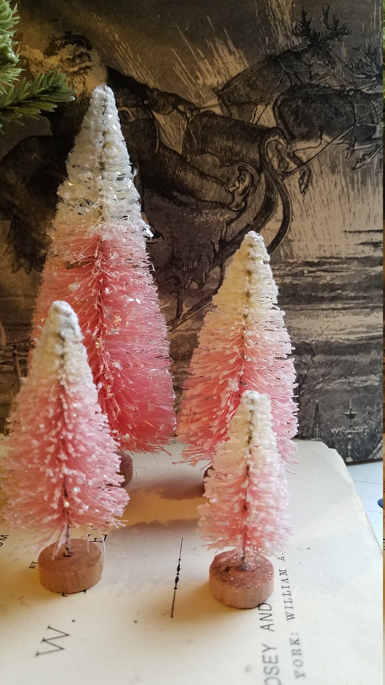 6 Glittered Pink Bottle Brush Trees Miniature Sisal Trees Etsy