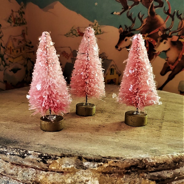 3" Pink Bottle Brush Trees Mica Flakes  Hand Dyed Sisal Trees Shabby Chic Vintage Christmas Shelf Tiered Tray Mantle Decor