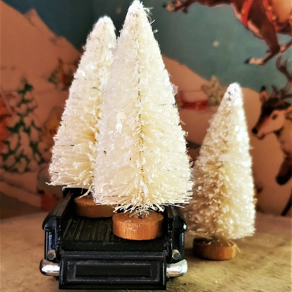 4" Antique White Glittered Sisal Trees Bottle Brush Tree Set Farmhouse Decor Hostess Gift Tiered Tray Shelf Mantle Decor Vintage Christmas