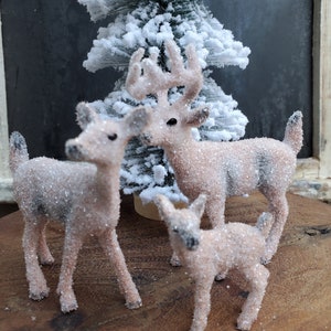 3 pc. Miniature Deer Family Glittered Vintage Inspired Handmade Cottagecore Christmas Decor Reindeer Set Nature Lover Gift Winter Decor