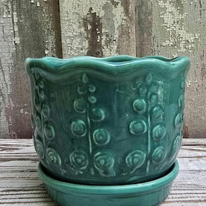 Vintage USA Pottery Planter, Turquoise Green Floral Relief Jardiniere, Mid Century Ceramic Flower Pot, Cottage Farmhouse Decor