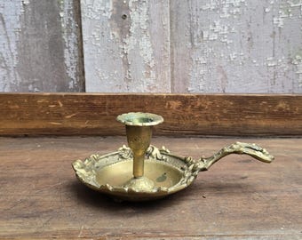 Vintage Brass Chamberstick Candle Holder | Antique Style Finger Loop Candlestick | Primitive Colonial Decor | Rustic Farmhouse Lighting