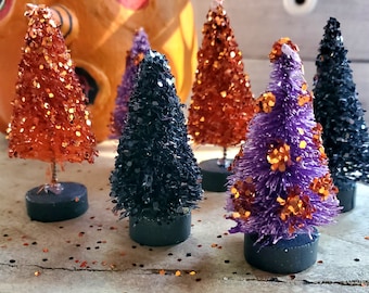 Glittered Halloween Bottle Brush Tree Set: Miniature Vintage Decor