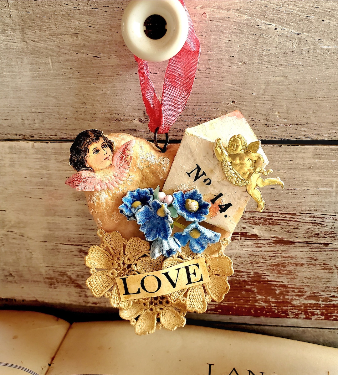 Vintage Inspired Valentines Heart Decor Handmade Small Spun Cotton Victorian Heart Gift for ...