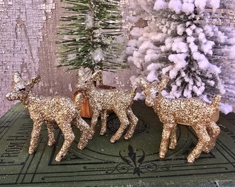 Vintage Style Miniature Gold Glitter Deer Set - Christmas Woodland Decor