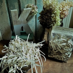 May include: Two bags of shredded sheet music, one in a clear plastic bag with a music sheet label, and the other in a brown paper bag. The bags are sitting on a wooden surface with a wooden letter K and a vase of dried flowers in the background.